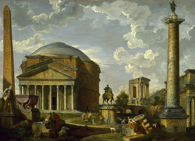 Giovanni Pauolo Panini Fantasy View with the Pantheon and Other Monuments of Ancient Rome (1737). Public domain.